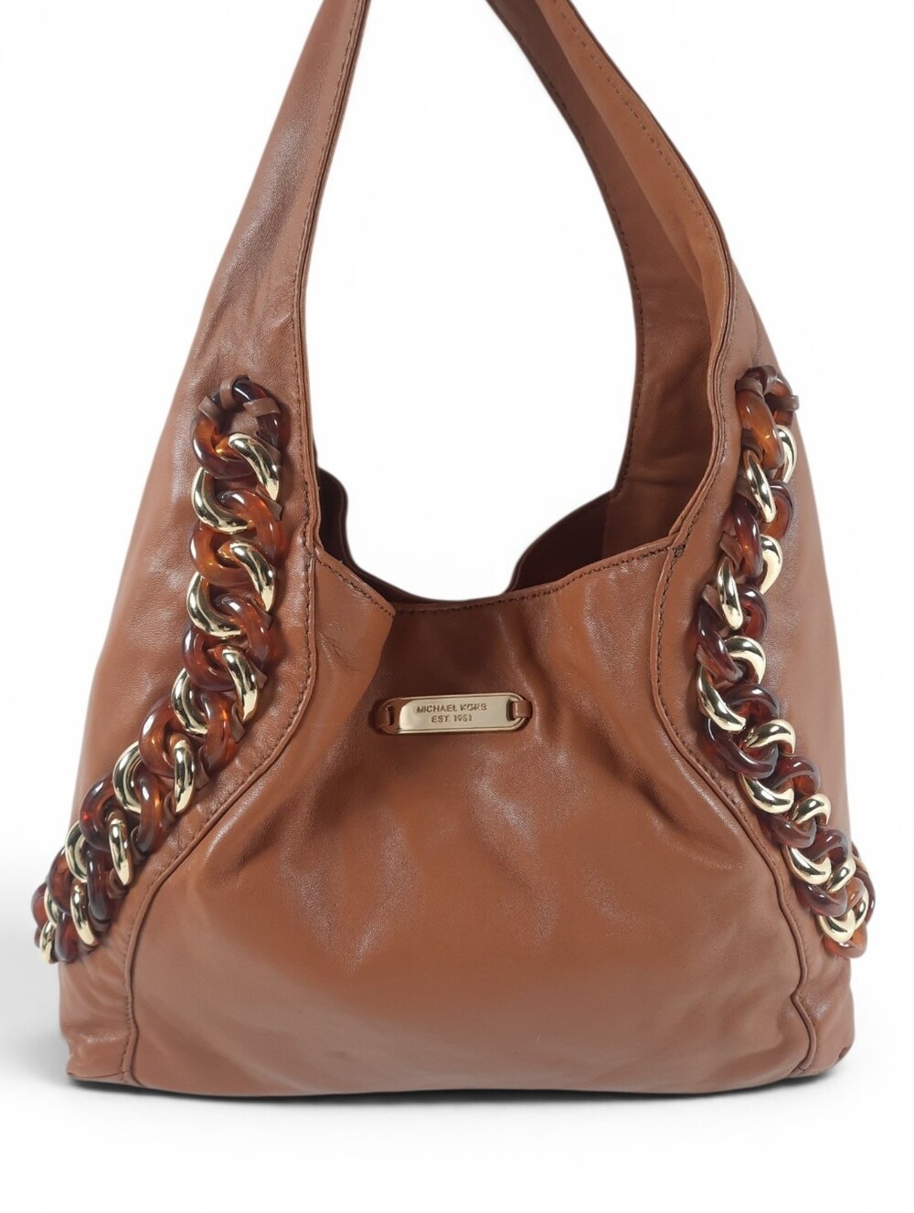 MICHAEL KORS Large Chain Hobo Shoulder Bag Supple Leather Camel Gold Slouchy